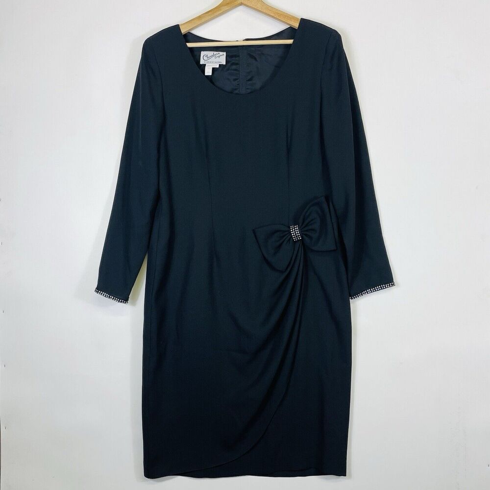 Claralura Originals Vintage Dress Womens XL Black Rhinestone Bow Retro Glam